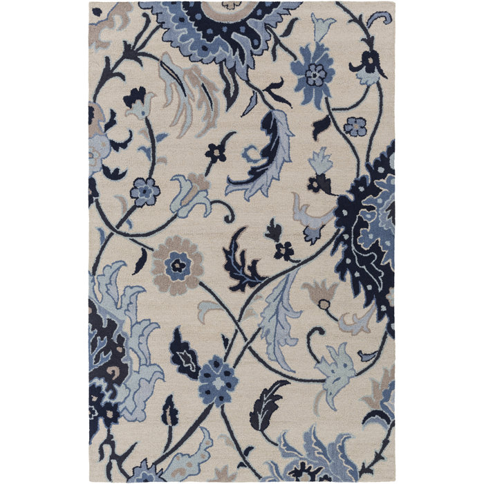 Birch Lane™ Alexander Floral Handmade Tufted Wool Blue/Ivory/Beige Area
